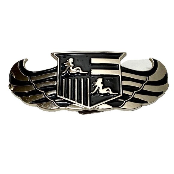 Cadillac 187 INC. Belt Buckle Bottle Opener Tool 5” Chrome Black Winged Logo Vtg - Picture 1 of 14